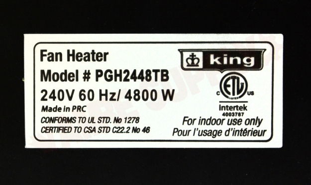 Photo 7 of PGH2448TB : King Electric Portable Garage Heater, 4800W