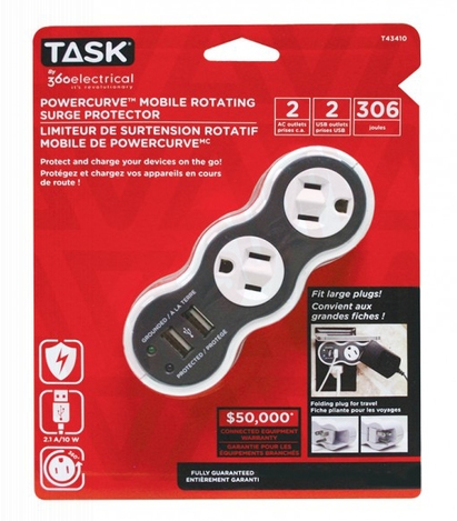 Photo 2 of T43410 : Task Tools PowerCurve Mobile Rotating Surge Protector With USB, 2 Outlets