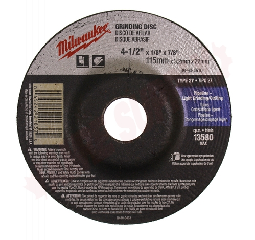 Photo 1 of 49-94-4510 : Milwaukee Grinding Disc, 4-1/2 x 1/8 x 7/8