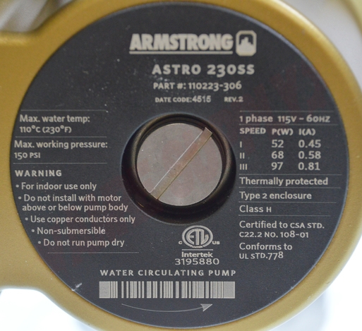 Photo 14 of 110223-306 : Armstrong Astro 2 Hot Water Recirculating Pump Only,  230 Stainless Steel Flange Connection with Check Valve