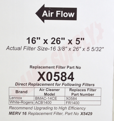 Photo 6 of X0584 : Lennox X0584 Air Cleaner Filter, 16 X 26 X 5, Merv 11