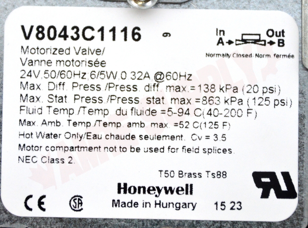 Photo 13 of V8043C1116 : Honeywell Home V8043C1116  3/8 Flare, 2-Way, 3.5 Cv, 125 PSI, Less Adapters, Normally Closed Zone Valve