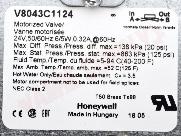 Photo 13 of V8043C1124 : Honeywell V8043C1124 Home 1/2 Inverted Flare, 2-Way, 3.5 Cv, 125 PSI, Less Adapters, Normally Closed Zone Valve