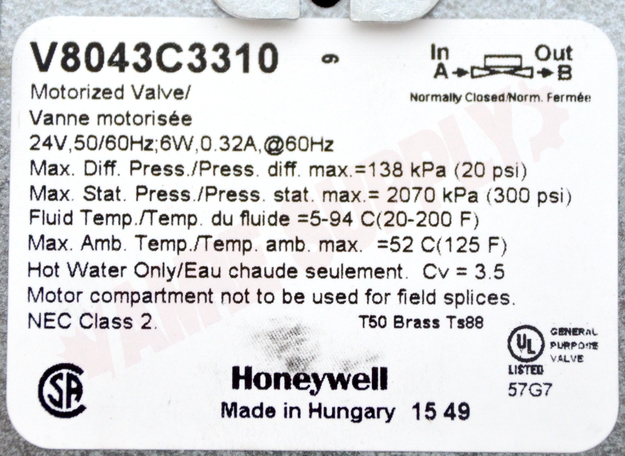 Photo 12 of V8043C3310 : Honeywell V8043C3310 Home 1/2 Inverted Flare, 2-Way, 3.5 Cv, 300 PSI, Less Adapters, Normally Closed Zone Valve