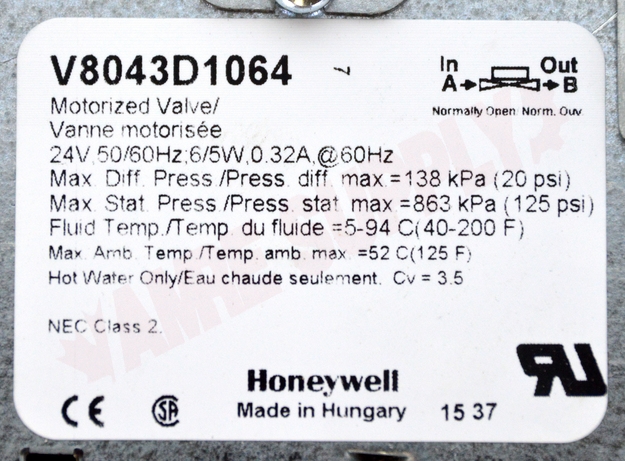 V8043D1064 : Resideo Honeywell V8043D1064 Zone Valve, 24V Normally