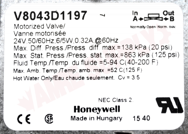 Photo 13 of V8043D1197 : Honeywell Home V8043D1197 3/8 Flare, 2-Way, 3.5 Cv, 125 PSI, Less Adapters, Normally Open Zone Valve