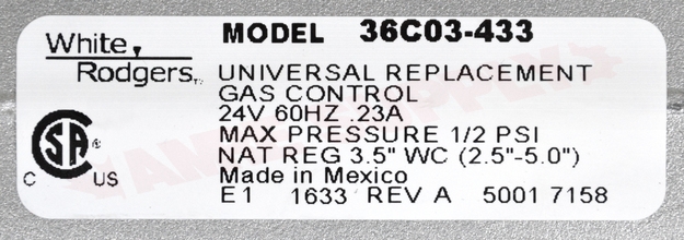 Photo 14 of 36C03-433 : Emerson White-Rodgers 36C03-433 Gas Valve, Natural Gas/LP, Fast Open, 3/4 x 3/4, for Standing Pilot Ignition Systems