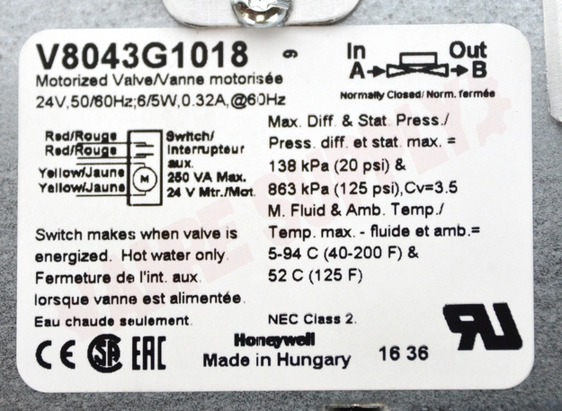 Photo 13 of V8043G1018 : Honeywell V8043G1018 Home 3/4 Sweat, 2-Way, 3.5 Cv, 125 PSI, End Switch, Normally Closed Zone Valve