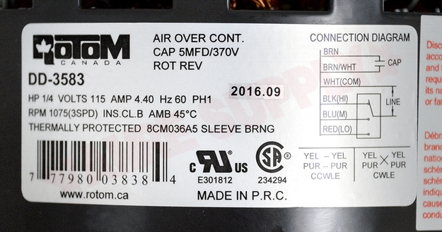 Photo 13 of DD-3583 : Rotom 1/4 HP Direct Drive Motor 5.5 Dia.1075 RPM, 115V