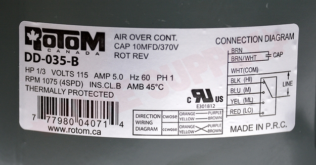 Photo 14 of DD-035 : Rotom 1/3 HP Direct Drive Fancoil & Blower Motor 5.5 Dia. 1075 RPM, 115V