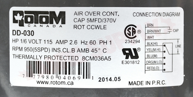 Photo 15 of DD-030 : Rotom 1/6 HP Direct Drive Fancoil & Blower Motor 5.5 Dia. 950 RPM, 115V
