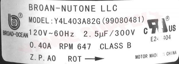 Photo 15 of S99080481 : Broan Nutone Exhaust Fan Motor, L100