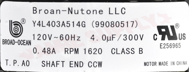 Photo 14 of 99080517 : Broan Nutone Exhaust Fan Motor, DX110 & 672SP