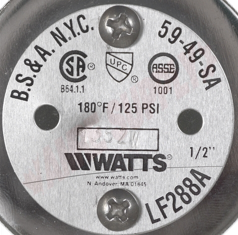 Photo 12 of 0792052 : Watts 1/2 Vacuum Breaker, Chrome, Lead-Free, Hot or Cold Water, LF288AC-1/2