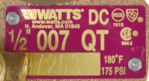 Photo 12 of 0062131 : Watts 1/2 007-QT Double Check Valve, Backflow Preventer