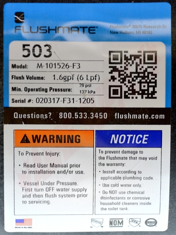 Photo 12 of M-101526-F3 : Sloan Flushmate III, 1.6 GPF Pressure Assist Toilet Flush Operating System