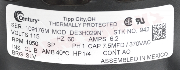 Photo 14 of UE-942 : A.O. Smith 1/4 HP Direct Drive Furnace Tri-Flex Motor 5.0 Dia. 1050 RPM, 115V, for Nordyne