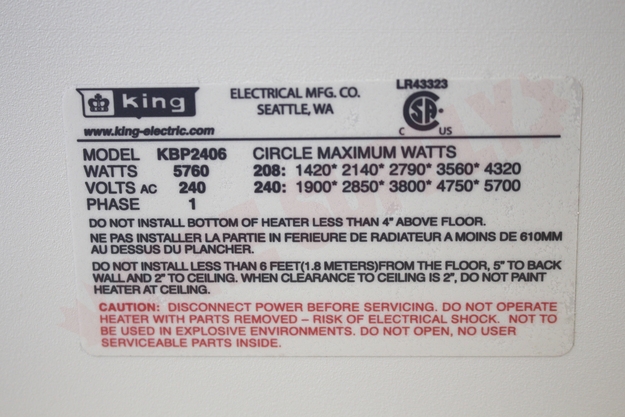 Photo 13 of KBP2406 : King Electric Garage & Shop Heater, 240V Pic-A-Watt 950-5700W