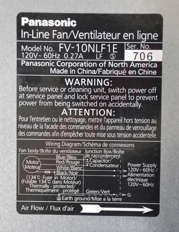 Photo 13 of FV-10NLF1E : Panasonic WhisperLine Inline Exhaust Fan, 120 CFM
