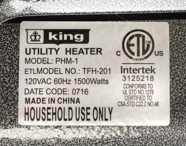 Photo 14 of PHM-1 : King Electric Portable Utility Heater, 1300/1500W