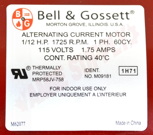 Photo 15 of 111034 : Bell & Gossett 1/12HP Motor Power Pack 115V for Series 100 Pumps