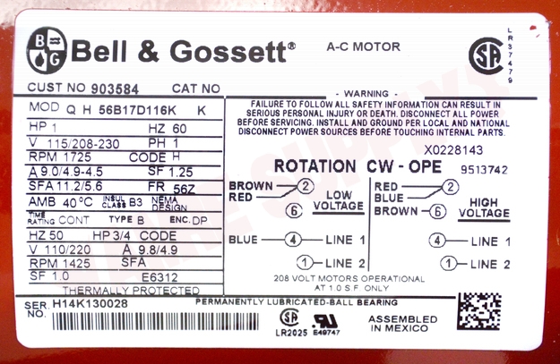 Photo 9 of 169232 : Bell & Gossett 1HP Motor 1Ph 115/230V 1725RPM