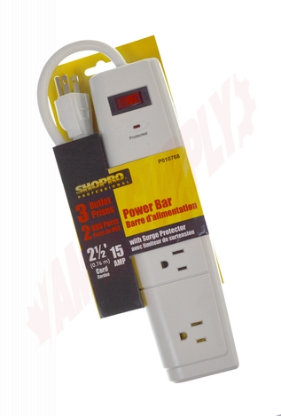 Photo 1 of P010768 : Shopro 3 Outlet Power Bar, 2 USB Charging Ports, 2-1/2'
