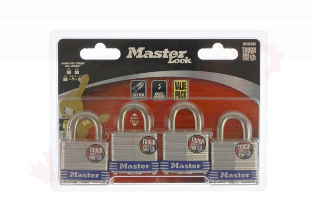 Photo 2 of 3008D : Master Lock Padlock 1-9/16 W  Keyed Alike 4 Pack Sheds, Gates, Storage Unit Etc.