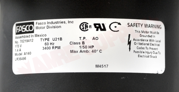 Photo 13 of FA-A140 : Blower Draft Inducer, Flue Exhaust 1/40 HP 3400 RPM 115V, Fasco, Goodman