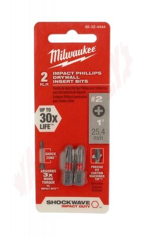 Photo 3 of 48-32-4444 : Milwaukee 2-Piece #2 Phillips Shockwave 1 Reduced Diameter Drywall Bits