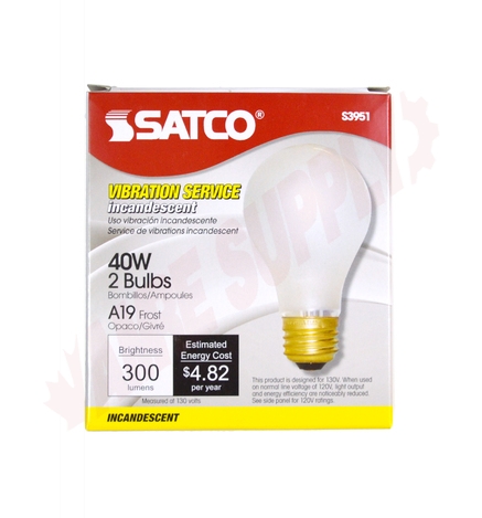 Photo 6 of S3951 : 40W A19 Incandescent Vibration Reduction Lamp, Frosted, 2/Pack