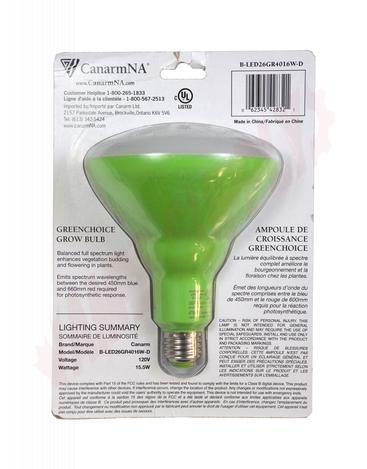 Photo 6 of B-LED26GR4016W-D : Canarm 15.5W Greenchoice LED Grow Bulb, 1300K