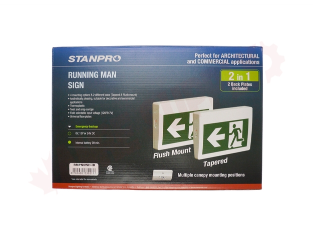 Photo 14 of RMPN0WH-IB : Stanpro Exit Sign, Running Man, Thermoplastic, 90 Minute Self-Powered LED, Universal Faces