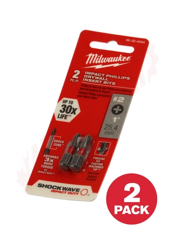 Photo 1 of 48-32-4444 : Milwaukee 2-Piece #2 Phillips Shockwave 1 Reduced Diameter Drywall Bits