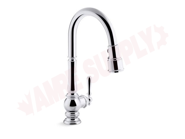 Photo 1 of 99259-CP : Artifacts® single-hole kitchen sink faucet with 17-5/8 pull-down spout and turned lever handle, DockNetik(R) magnetic docking system, and 3-function sprayhead featuring Sweep(R) and BerrySoft(R) spray