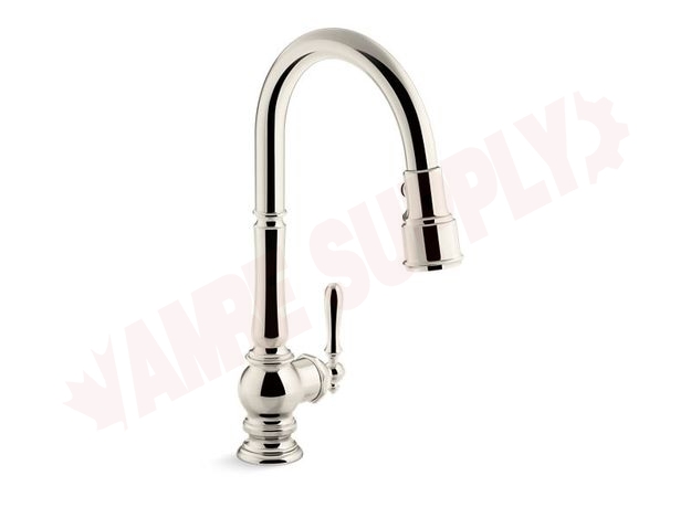 Photo 1 of 99259-SN : Artifacts® single-hole kitchen sink faucet with 17-5/8 pull-down spout and turned lever handle, DockNetik(R) magnetic docking system, and 3-function sprayhead featuring Sweep(R) and BerrySoft(R) spray