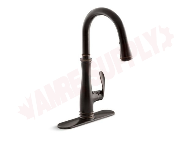 Photo 1 of 560-2BZ : Bellera® single-hole or three-hole kitchen sink faucet with pull-down 16-3/4 spout and right-hand lever handle, DockNetik(R) magnetic docking system, and a 3-function sprayhead featuring Sweep(R) spray