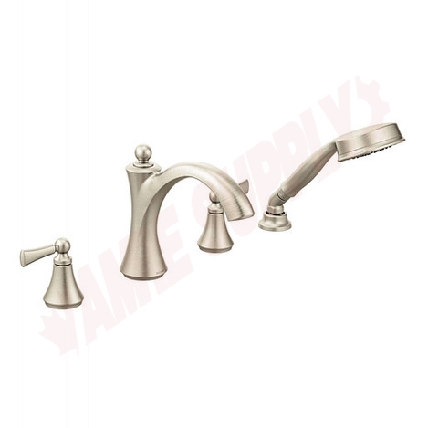 Photo 1 of T654BN : Moen Wynford Two-Handle Diverter Roman Tub Faucet Includes Hand Shower, Brushed Nickel