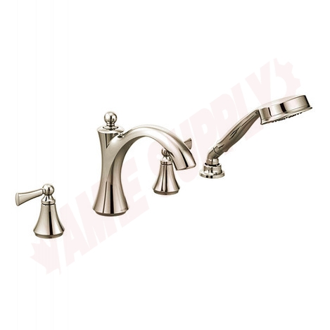 Photo 1 of T654NL : Moen Wynford Two-Handle Diverter Roman Tub Faucet Includes Hand Shower, Polished Nickel