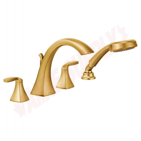Photo 1 of T694BG : Moen Voss Two-Handle High Arc Roman Tub Faucet Includes Hand Shower, Brushed Gold