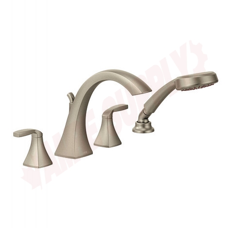 Photo 1 of T694BN : Moen Voss Two-Handle High Arc Roman Tub Faucet Includes Hand Shower, Brushed Nickel