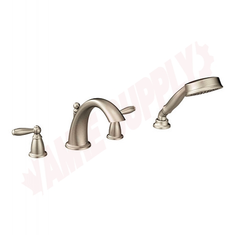 Photo 1 of T924BN : Moen Brantford Two-Handle Low Arc Roman Tub Faucet Includes Hand Shower, Brushed Nickel