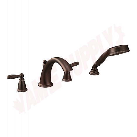 Photo 1 of T924ORB : Moen Brantford Two-Handle Low Arc Roman Tub Faucet Includes Hand Shower, Oil Rubbed Bronze