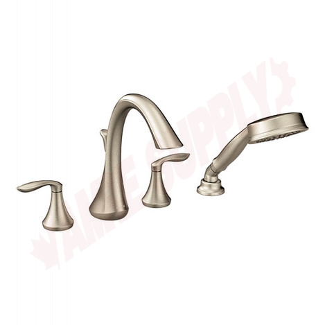 Photo 1 of T944BN : Moen Eva Two-Handle High Arc Roman Tub Faucet Includes Hand Shower, Brushed Nickel