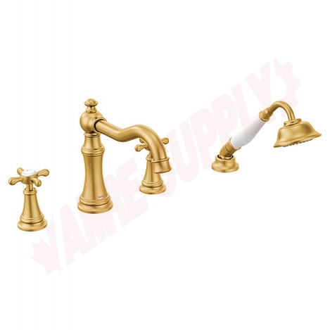 Photo 1 of TS21102BG : Moen Weymouth Two-Handle Diverter Roman Tub Faucet Includes Hand Shower, Brushed Gold