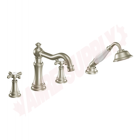 Photo 1 of TS21102BN : Moen Weymouth Two-Handle Diverter Roman Tub Faucet Includes Hand Shower, Brushed Nickel