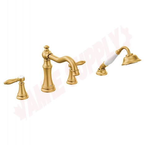 Photo 1 of TS21104BG : Moen Weymouth Two-Handle Diverter Roman Tub Faucet Includes Hand Shower, Brushed Gold