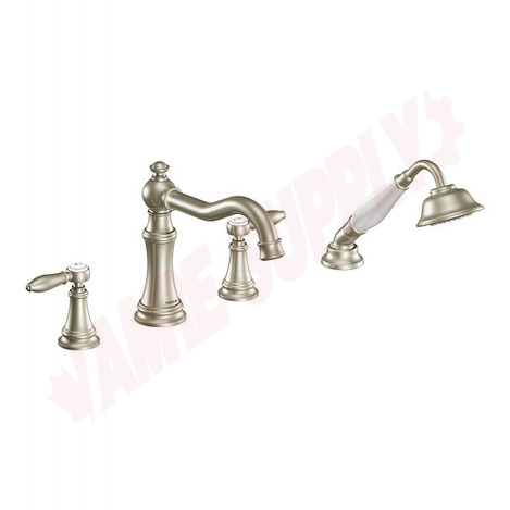 Photo 1 of TS21104BN : Moen Weymouth Two-Handle Diverter Roman Tub Faucet Includes Hand Shower, Brushed Nickel