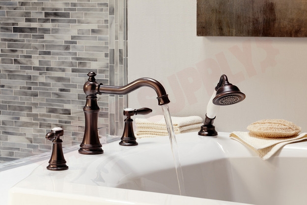 Photo 2 of TS21104ORB : Moen Weymouth Two-Handle Diverter Roman Tub Faucet Includes Hand Shower, Oil Rubbed Bronze