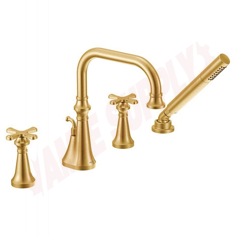 Photo 1 of TS44506BG : Moen Colinet Two-Handle High Arc Roman Tub Faucet Includes Hand Shower, Brushed Gold